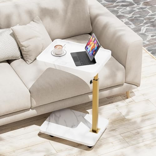 TV Tray Table, Adjustable Dinner Trays for Eating Table,360° Swivel& Sofa Armrest End Side Couch Snack Table for Sofa, Bedroom, Living Room, C Shaped End Table that Slide Under(White+Gold) - color: White Marble+gold