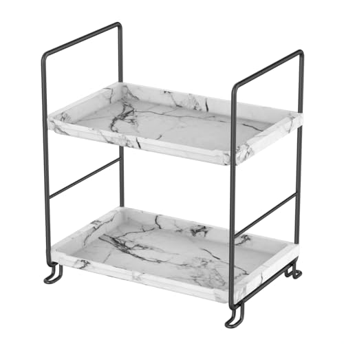 Kitchen Organizer,Small Spice Rack,Bathroom Organizer, Countertop Makeup Shelf Cosmetics Storage Display Rack Vanity Shelf,PP Imitation Marble Design,Tool-Less Install.(Black,2-Tier) - color: Imitation Marble,black