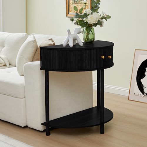 XUZENEST Fluted Half Moon Console Table, Modern Small Entry Table Sofa Table with Storage, Solid Wood Legs Narrow Entryway Table for Living Room, Hallway, Foyer(Black) - color: 31.5 Black