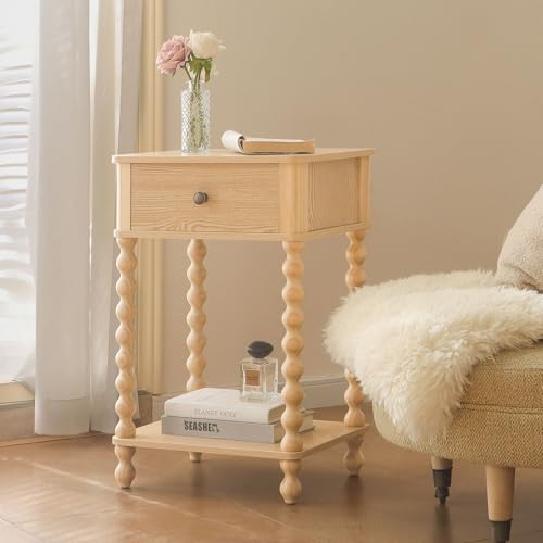 AWASEN Night Stand, Small End Table with Storage for Living Room, Farmhouse Bedside Side Table with Spindle Wood Legs for Bedroom, Office, Natural - color: Natural
