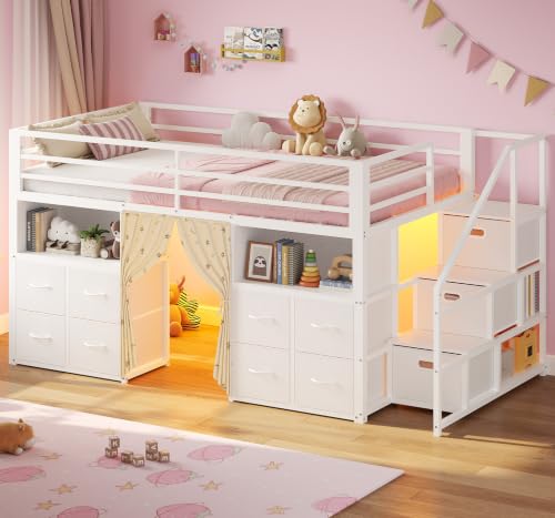 ADORNEVE Low Loft Bed Twin Size with Stairs and 11 Storage Drawers, Twin Loft Bed with Bookshelf, LED Lights & Under-Bed Play Space, Metal Kids Loft Bed with Safety Guardrail & Privacy Curtain, White - color: White