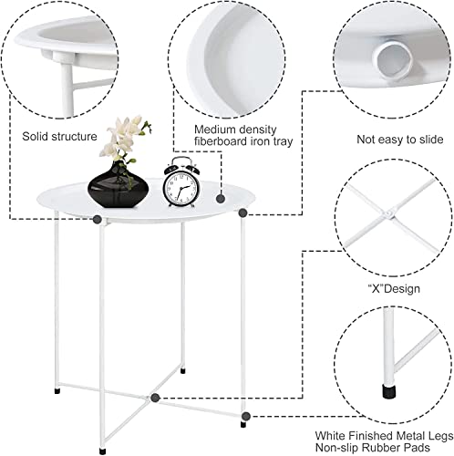 Garden 4 you End Table Metal Side Table Round Folding Tray Cyan Sofa Small Accent Fold-able Table, Round End Table Tray, Next to Sofa Table, Snack Table for Living Room and Bed Room,White - color: White