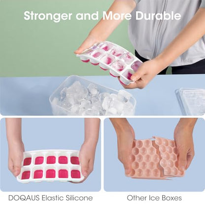 DOQAUS Ice Cube Tray with Lid and Bin - 4 Pack Silicone Ice Cube Trays for Freezer, Stackable Ice Bucket Kits with Storage Container & Scoop for Kitchen, RV, Cocktail, Coffee - color: Light Pink
