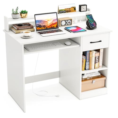 Tangkula White Desk with Drawer & Keyboard Tray, Home Office Desk with Built-in Charge Station & Adjustable Shelf, Study Writing Table with Hutch, Modern Computer PC Workstation