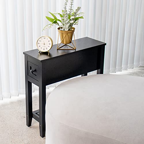 Narrow End Table, Black Couch Table with Drawer, Slim Bed Side Table for Small Space/Night Stand Set of 2, Side Table for Couch - size: 2 set black
