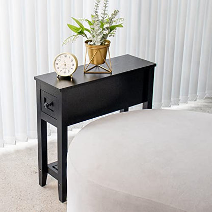 Narrow End Table, Black Couch Table with Drawer, Slim Bed Side Table for Small Space/Night Stand Set of 2, Side Table for Couch - size: 2 set black