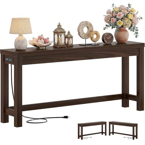 Cyclysio 63" Console Tables for Entryway, Long Console Tables for Living Room, Behind Couch Table, Sturdy Wood Support Hallway Table with 3AC+2USB Charging‌ Station, Black Walnut - color: Black Walnut, size: 63 inch