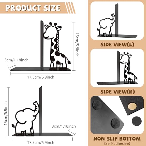 Metal Bookends Giraffe Elephant Bookends Decorative Cute Animals Book Ends for Shelves Bookshelf Reading Decor Space-Saving Desk Organizer for Bedroom Home Nursery - style: Giraffe Elephant