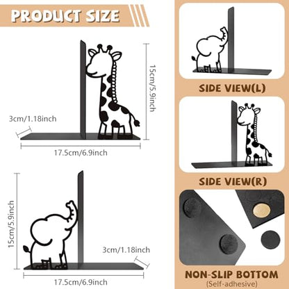 Metal Bookends Giraffe Elephant Bookends Decorative Cute Animals Book Ends for Shelves Bookshelf Reading Decor Space-Saving Desk Organizer for Bedroom Home Nursery - style: Giraffe Elephant