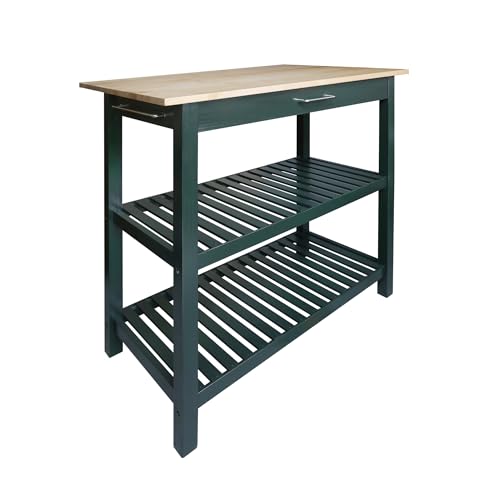 Kitchen Island with Solid Wood Top, Natural/Hunter Green - color: Hunter Green