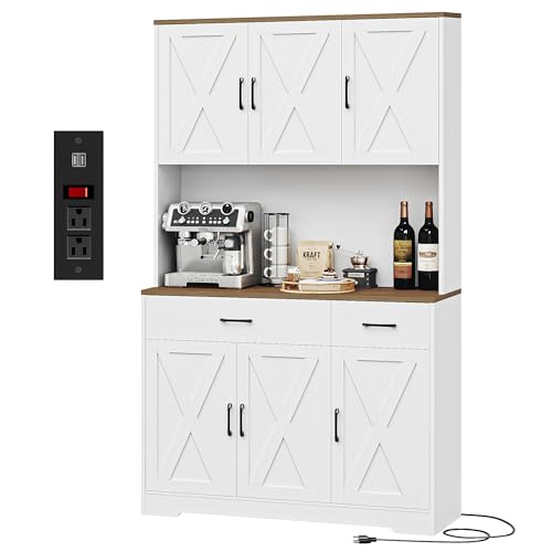 HOSTACK 71" Pantry Cabinet with Charging Station, Tall Kitchen Pantry Storage Cabinet with Microwave Stand, Farmhouse Kitchen Hutch with Storage Drawers for Living Room, Dining Room, White - color: White/Rustic Brown