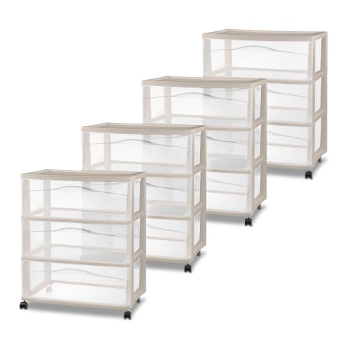 Sterilite 4 Pack Wide 3 Drawer Storage Cart, Rolling Organization, Grey | Clear Plastic Organizer Drawers with Wheels for Craft Supplies, Bath Essentials, or Home Accessories - color: Gray, size: 4-Pack