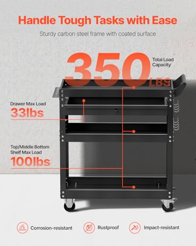 VEVOR 4-Tier Tool Cart with Wheels, 350 lbs Load Capacity, Rolling Work Cart with Drawer & Pegboard, Mechanic Tool Storage Organizer with Locking System for Garage, Warehouse and Repair Shop, Black - style: 4-Tier-350 lbs with 1 Drawer