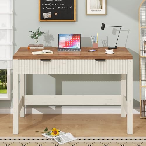 YOMILUVE Fluted Computer Desk with 2 Drawers, 39 Inch Small Computer Desk with Storage, Compact Writing Study Vanity Desk for Small Spaces, Antique White - color: Antique White