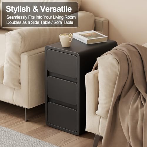 AQIMUELE Narrow Bedside Table,Narrow Night Stand with Drawers,Small Night Stand with Leather Surface for Bedroom - color: Black (3 Drawers), size: 11.8"W