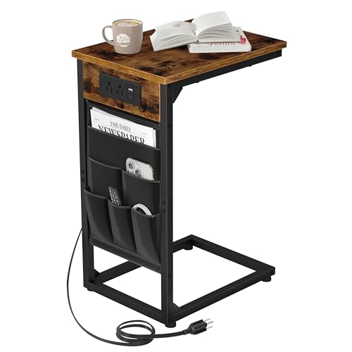 AMHANCIBLE C Shaped End Table with Charging Station, TV Tray | Couch Table that Slide Under Sofa for Eating, Side Table with Storage Bag, USB Ports, for Living Room, Bedroom, Rustic Brown - color: Rustic Brown