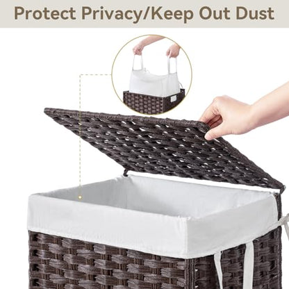 Chrislley 90L Slim Laundry Hamper with Wheels, Rolling Laundry Basket with Lid and Renovable Liner Bag, Handwoven Rattan Organizer for bedroom, bathroom, laundry room (Brown) - color: Brown