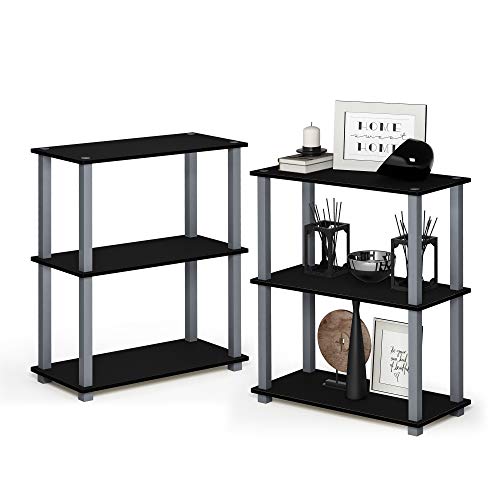 Furinno TURN-S-TUBE Storage Shelves Set of 2, 3-Tier Book Shelf, Corner Shelf, Toolless Open Shelves, Square Tubes, for Organization and Storage, Living Room, Garage, Home Office, Black - color: Black/Grey, size: 3-Tier Square Tube (Set of 2)