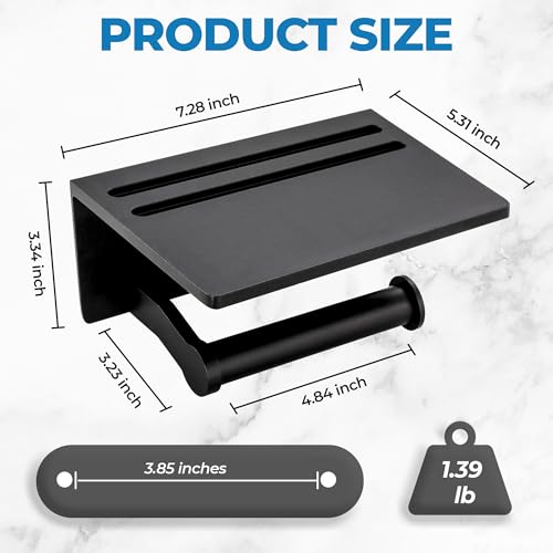 Toilet Paper Holder with Shelf, Black Anti-Rust Aluminum Tissue Roll Holder with Mobile Phone Storage Shelf for Bathroom, 3M Self Adhesive No Drilling or Wall Mounted with Screws - color: Black