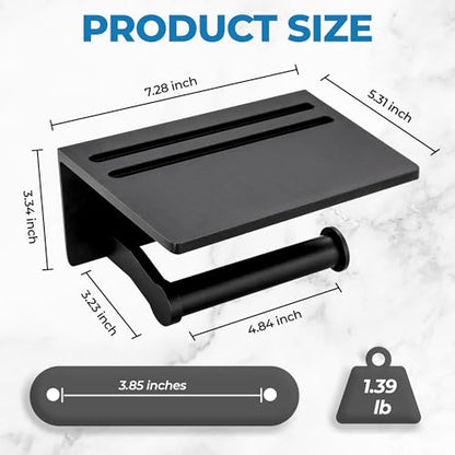 Toilet Paper Holder with Shelf, Black Anti-Rust Aluminum Tissue Roll Holder with Mobile Phone Storage Shelf for Bathroom, 3M Self Adhesive No Drilling or Wall Mounted with Screws - color: Black