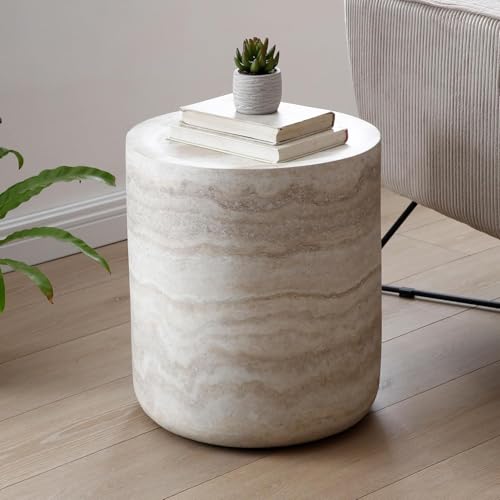 Faux Marble Round Side Table for Living Room Faux Stone Side Table End Tables Modern Travertine Circle End Tables for Apartment, No Need Assembly (Fiberglass-15.74'') - color: Faux Marble-15.74inch