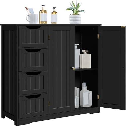 Yaheetech Wooden Bathroom Floor Cabinet, Side Storage Organizer Cabinet with 4 Drawers & Double Doors, Freestanding Entryway Storage Unit Console Table, Bathroom Furniture Home Decor, Black - color: Black, style: 2 Doors + 4 Drawers