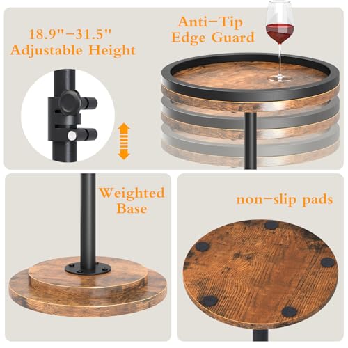 Small Side Table Set of 2, Drink Table, Height Adjustable Round End Table, Pedestal Side Table for Small Spaces in Living Room, Bedroom, Brown - color: Brown-2pcs