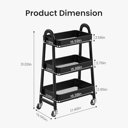 DUMOS 3 Tiers Metal Rolling Utility Cart with Lockable Wheels, Mobile Storage Organizer, Utility Shelving Unit for Kitchen, Office, Bathroom, Laundry, Narrow Places, Black - color: 3 Tiers Black