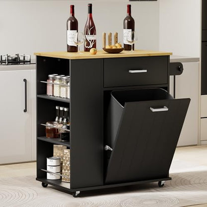HQZX Rolling Kitchen Island with Trash Can Storage, Portable Kitchen Island on Wheels with Towel Rack & Spice Rack, Tilt Out Trash Can Cabinet with Drawer, Mobile Island Cart (Black) - color: Black