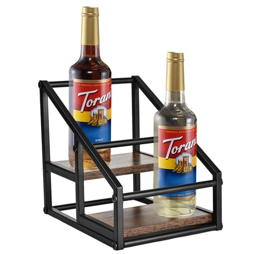 YQBRAO Coffee Syrup Rack Organizer,Liquor Bottle Display Shelf,2-Tier 4 Bottle Stand for Coffee Bar, Kitchen Station, Liquor, Wine, Dressing,Rustic Brown - size: 2 Tier 4 Bottle Syrup Rack - 1 Pack