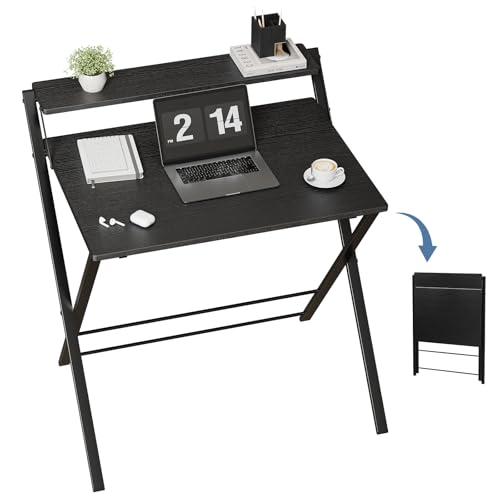 DUMOS Folding Desk with Shelf, No Assembly Computer Desk, Small Space Ink | Foldable Desk with Shelf Saves Space for Bedroom, Office and Dorm Use - color: Ink