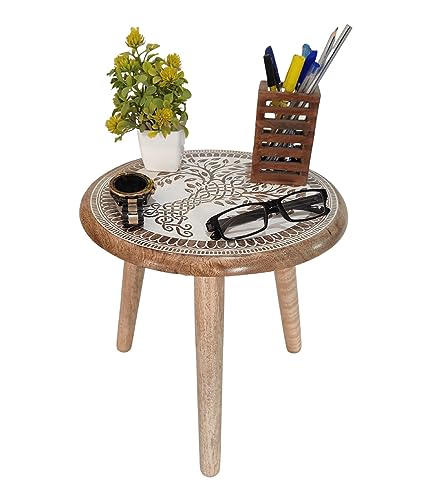 VANIYA CRAFTS® Wooden Engraved Fold-able Side Table/End Table/Plant Stand/Stool for Living Room Bedroom Restaurant Kids Play Furniture Table Round Shape (Natural White 3) - color: Natural White 3