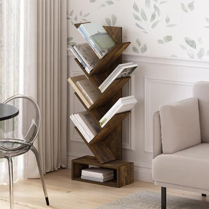 Furinno Tree Book Shelf, 7-Tier Bookshelf, Tree Bookcase with Bottom Shelf, 8.4 x 16.9 x 46.2, for Living Room, Bedroom, Home Office, Amber Pine - color: Amber Pine, size: 7-Tier Tree with Bottom Shelf