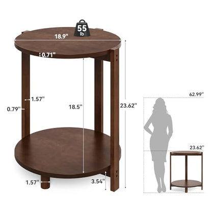 Solid Wood Side Table Set of 2, Small Round End Table with 2-Tier Storage, 19-Inch Wooden Circle Retro Nightstand, Accent Furniture for Small Spaces, Bedroom, Living Room, Brown