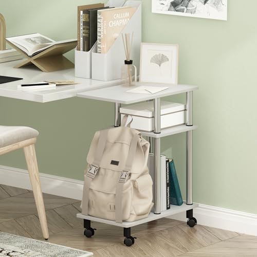 Furinno Turn-N-Tube Side Table, 3-Tier C-Shape End Table with Wheels, Toolless Assembly Night Stand, Bedside Table with Open Shelf, for Living Room, Bedroom, White Oak/Stainless Steel - color: White Oak/Stainless Steel