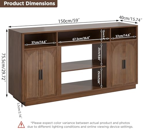 59'' Fluted TV Stands for Living Room, Modern Entertainment Center with Storage, TV Stand for TVs up to 65 Inch with Adjust Shelves, Wooden Media Console Table (Walnut, Without Fireplace) - size: Without Fireplace