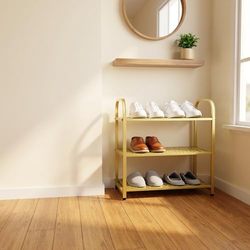 3 Tier Metal Shoe Rack Organizer Vertical Design Entryway Storage Cabinet for Entrance or Kitchen Small and Narrow Free Standing Gold