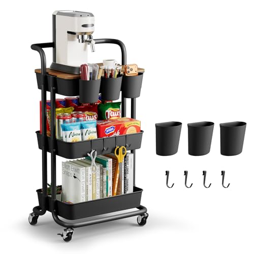 3 Tier Rolling Cart - Utility Cart with Table Top, Storage Organizer Cart with Lockable Wheels, Hooks & Cup Holders, Easy Assembly Storage Cart for Office, Kitchen, Bathroom, Bedroom (Black) - color: Black
