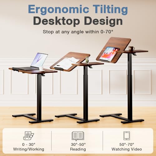 DUMOS Small Standing Desk Rolling Table Adjustable Height, Laptop Mobile Stand with Wheels, Portable Computer Workstation with Tiltable Desktop for Teacher Classroom Home Office, Brown - color: Brown