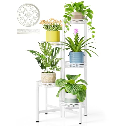 5 Tier White Tall Metal Corner Potted Stand Plants Indoor for Patio - color: WhiteWave, size: 5-tiers