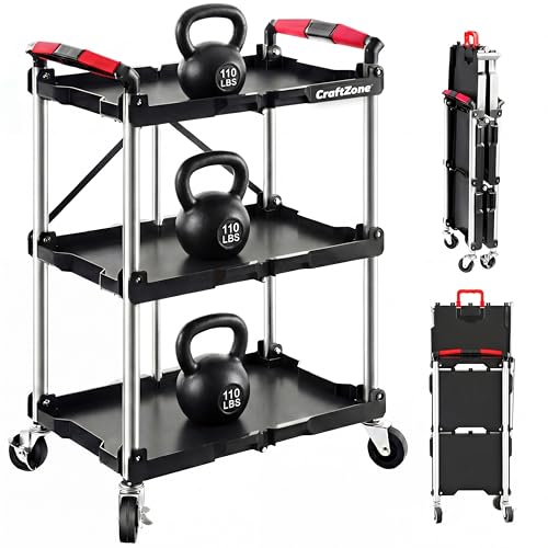 Folding Service Cart,Rolling Utility Cart,330 LBS Collapsible Service Cart,3 Shelf Heavy Duty Foldable Tool Cart
