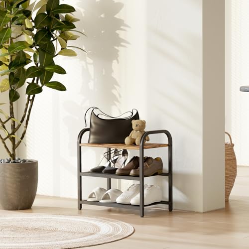 Small Narrow Shoe Rack for Entryway Closet,17.32" X 10.24" X 16.93" | 3-Tier Shoe Storage Organizer Wood, Heavy-Duty Metal Mesh Shelves, Rustic Wooden Top, Front Door Entrance Shoe Shelf 6 Pairs - size: 17.32" X 10.24" X 16.93"