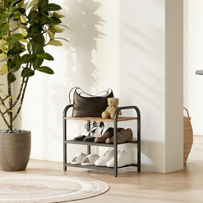Small Narrow Shoe Rack for Entryway Closet,17.32" X 10.24" X 16.93" | 3-Tier Shoe Storage Organizer Wood, Heavy-Duty Metal Mesh Shelves, Rustic Wooden Top, Front Door Entrance Shoe Shelf 6 Pairs - size: 17.32" X 10.24" X 16.93"