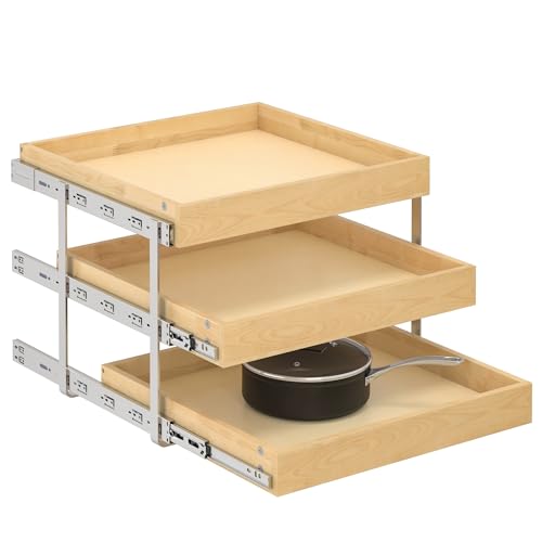 WelFurGeer 3-Tier Pull Out Cabinet Organizer with Soft Close, Heavy-Duty Pull Out Drawers for Cabinets, Slide Out Shelf for Kitchen, Pantry, Bathroom & Under Sink, Solid Birch Wood - color: 3 Tiers, size: 23''W x22''D