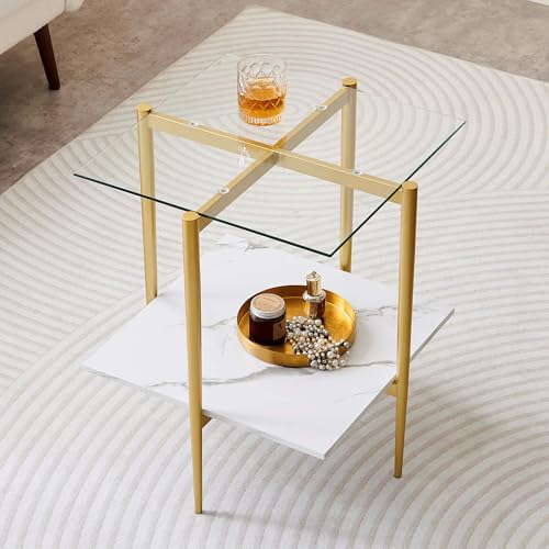 LumFurn Square Glass End Table, Mid-Century Modern Design Sofa Table, for Living Room, L18 x W18 x H23, Clear Glass Top and White Marble MDF Shelf, Sleek Conical Metal Legs with Gold Finish - color: Clear & White Marble, size: L18" Square End Table
