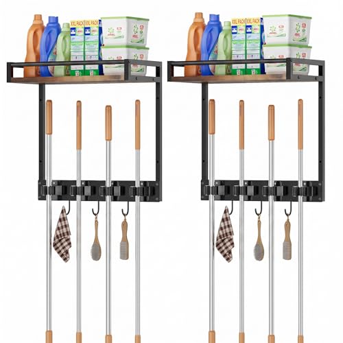 Broom Holder Wall Mount with Shelf, 15.7" Wx6.7 Dx15.7 H, 2 Packs | Load 66LBS, 4 Mop Hanger Grippers, 3 Hooks, for Laundry Room, Garage, Utility Closet, Kitchen - style: 2 Packs