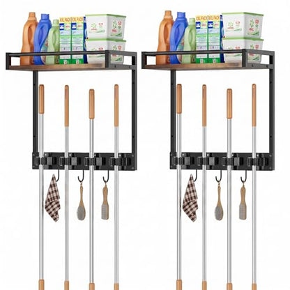 Broom Holder Wall Mount with Shelf, 15.7" Wx6.7 Dx15.7 H, 2 Packs | Load 66LBS, 4 Mop Hanger Grippers, 3 Hooks, for Laundry Room, Garage, Utility Closet, Kitchen - style: 2 Packs