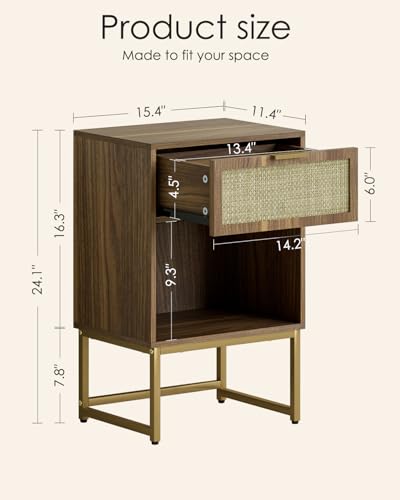 Masupu Rattan Nightstand,Modern Night Stand Boho Farmhouse Wood Bedside Table with Storage Drawer Side End Table for Bedroom, Office,Walnut Brown - color: Rattan-walnut Brown