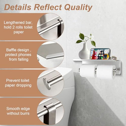 Toilet Paper Holder Wall Mount with Shelf Bjiotun Stainless Steel Toilet Paper Storage Tissue Roll Holder for Bathroom Storage Holds - color: Silver