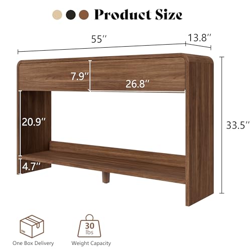 AMERLIFE 55" Modern Entryway Console Table with 2 Storage Drawers | Open Bottom Shelf, Wood Grain Finish, Rounded Edges, Long Sofa Table, Behind Couch, Hallway, Foyer, Living Room, Brown - color: Brown - Flat Panel, size: 55"